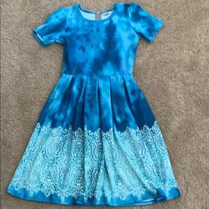 Lularoe Amelia Dress M Blue Tie Dye and Fillagree